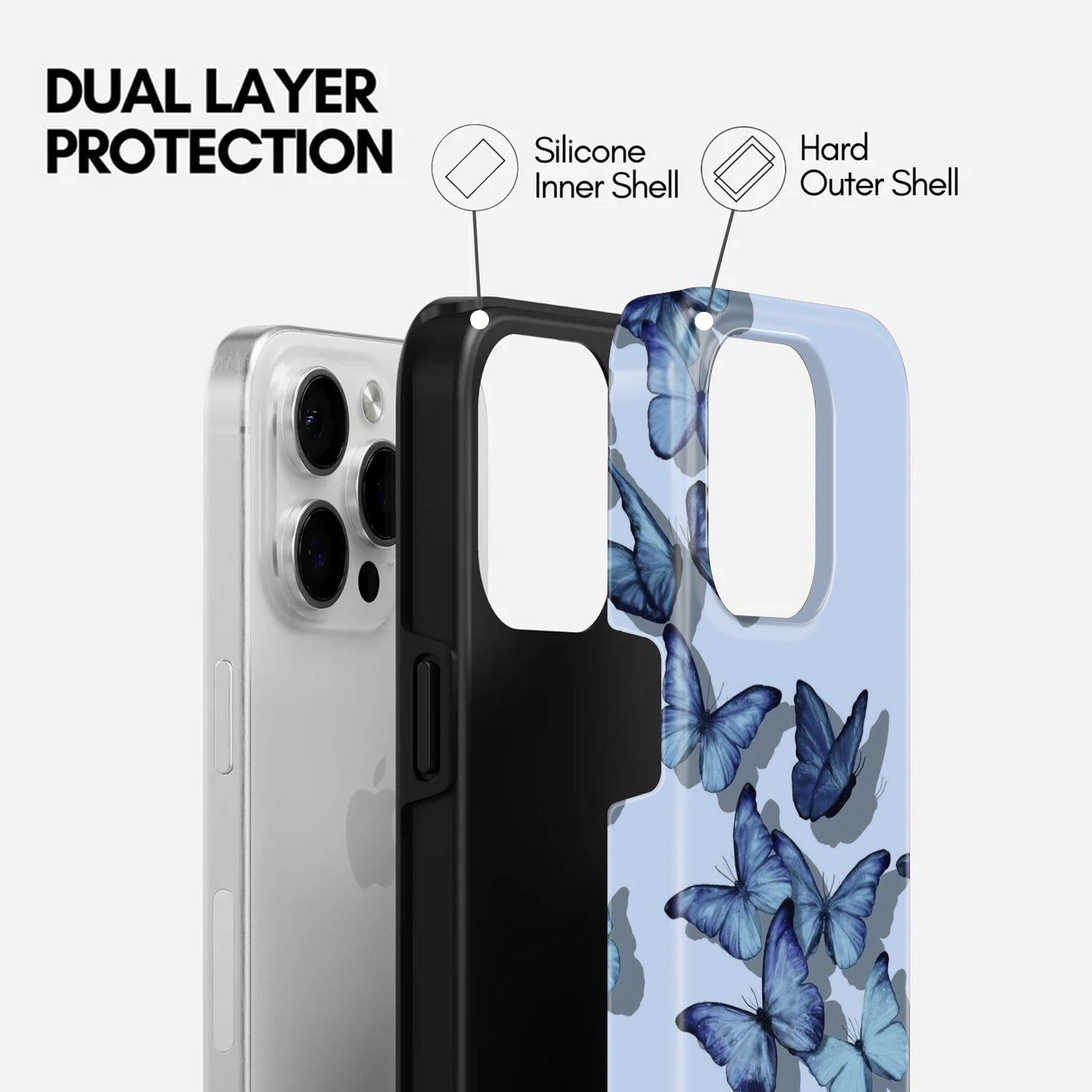 Blue Butterfly Print Tough Phone Case,2 in 1 Mobile Case,, Dual Layer Protective Cover