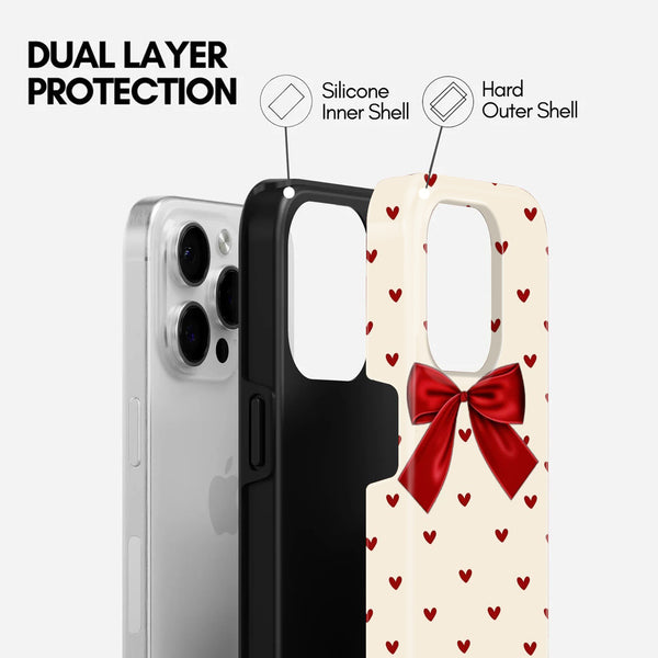 Red Bow and Heart Print, 2 in 1 Mobile Case, Dual Layer Protective Cover