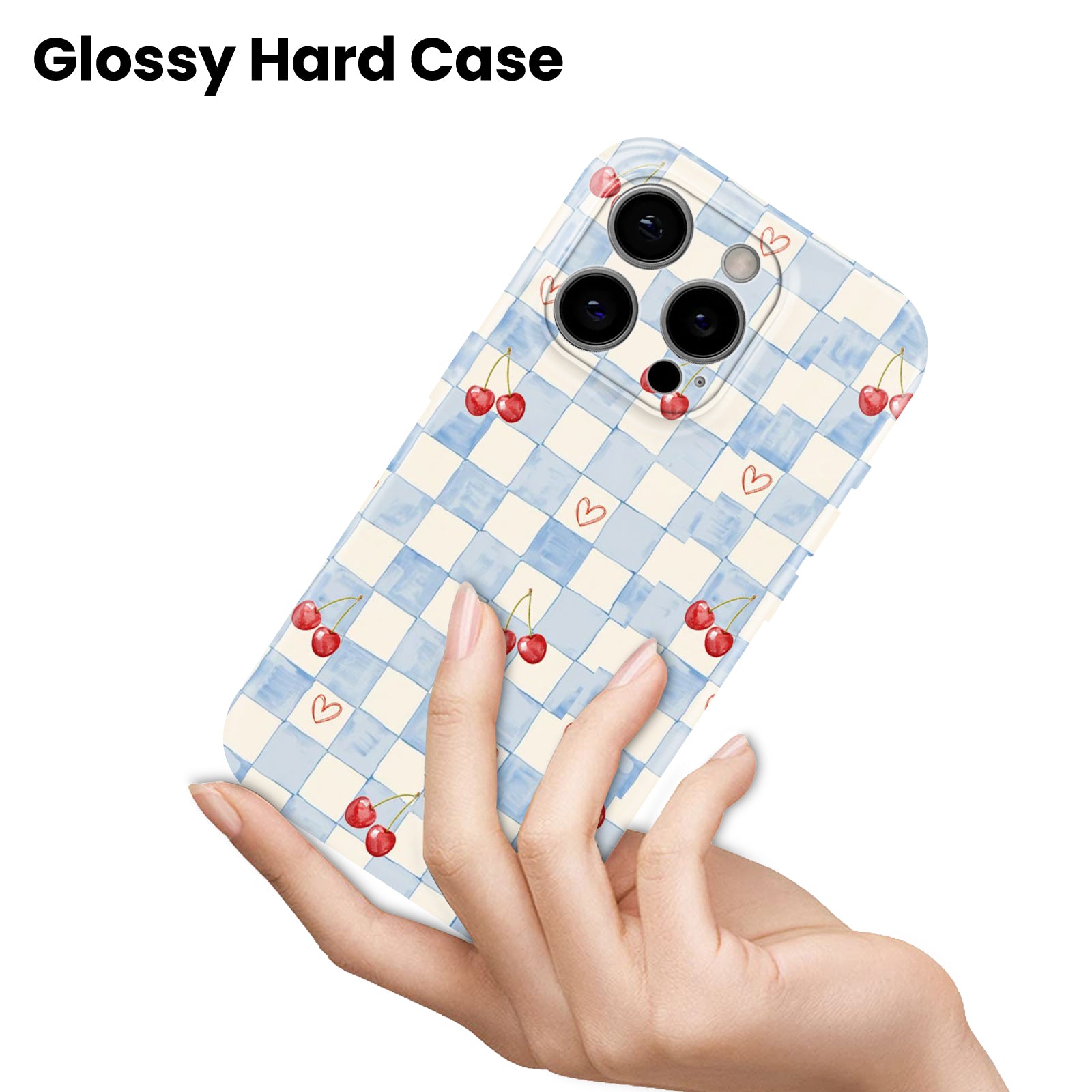 Blue Checkered Cherry and Heart Print, Hard Glossy Case - Stylish & Protective Cover