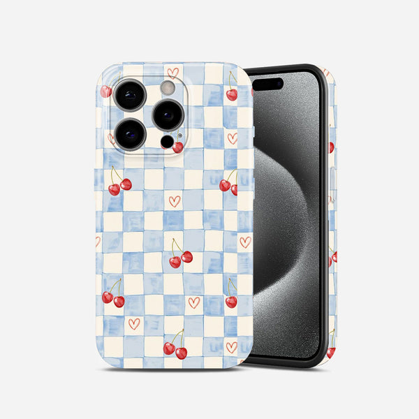 Blue Checkered Cherry and Heart Print, Hard Glossy Case - Stylish & Protective Cover