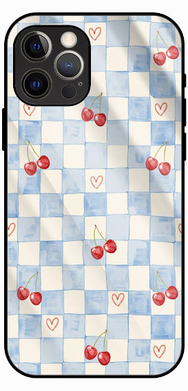 Checkered Pattern with Cherries and Hearts, Blue and White, Luxury Glass Back Phone Case
