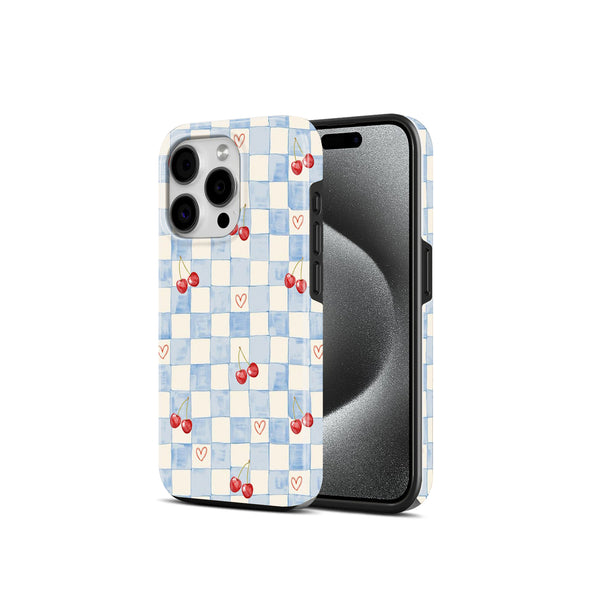 Blue Checkered Cherry and Hearts Print, 2 in 1 Mobile Case, Dual Layer Protective Cover