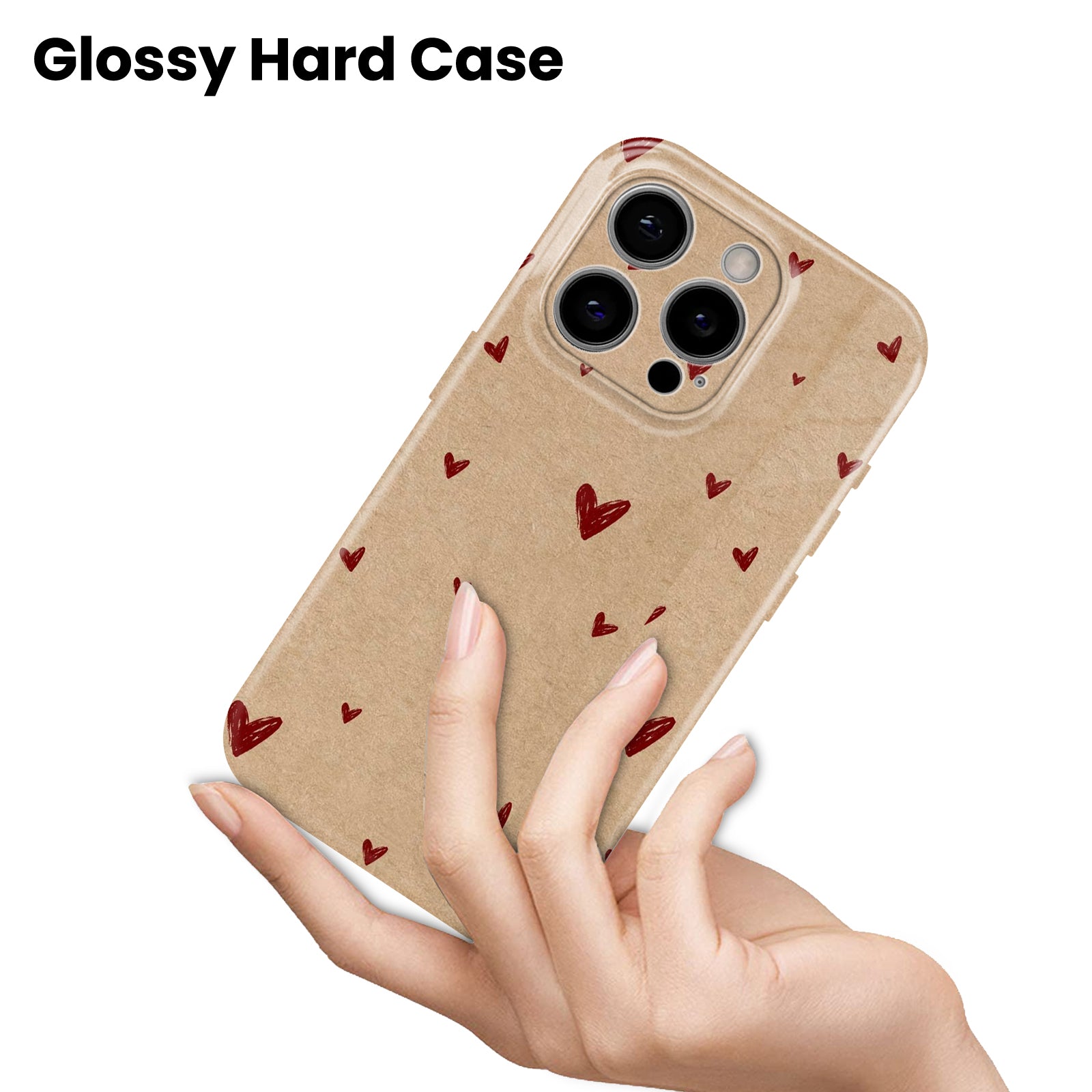 Beige with Red Heart Print, Cute Valentine Style, Hard Glossy Case - Stylish & Protective Cover