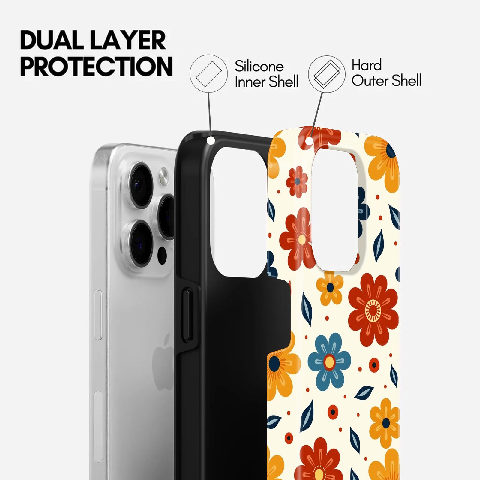 Retro Floral Print, Orange, Red and Blue, 2 in 1 Mobile Case, Dual Layer Protective Cover