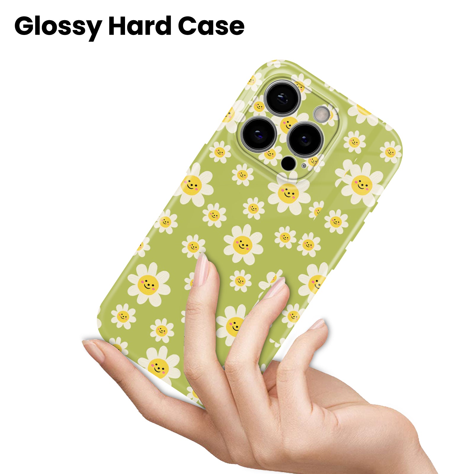 Smiley Daisy Floral Pattern, Green Cute Design, Hard Glossy Case - Stylish & Protective Cover