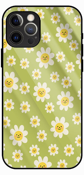 Smiley Daisy Floral Pattern, Green, Luxury Glass Back Phone Case