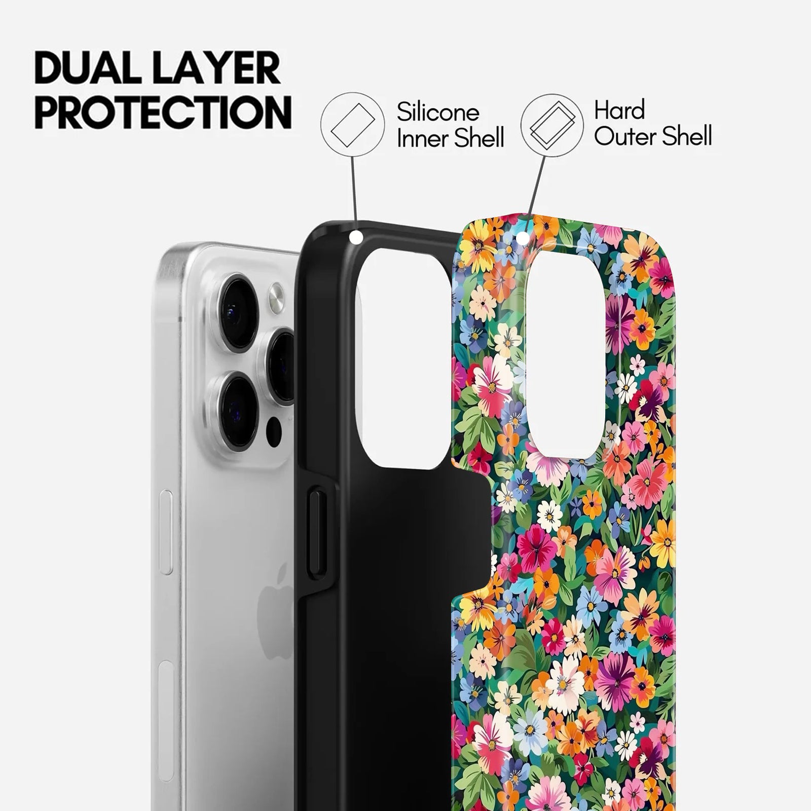 Colorful Floral Print, 2 in 1 Mobile Case, Dual Layer Protective Cover
