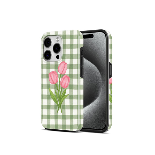 Green Gingham Floral Tulip Print, 2 in 1 Mobile Case, Dual Layer Protective Cover