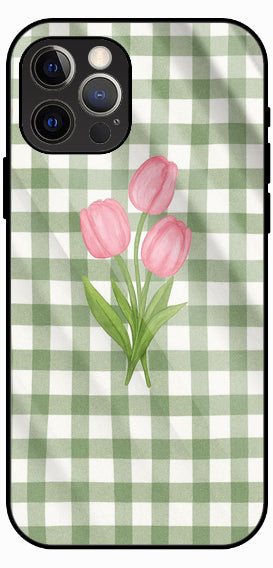 Floral Checkered Pattern, Brown Aesthetic Design, Luxury Glass Back Phone Case