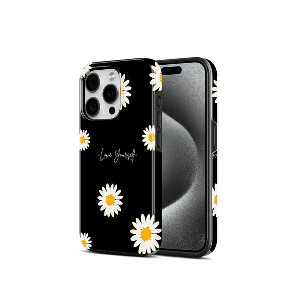 Black Daisy Floral Print, Love Yourself Style, 2 in 1 Mobile Case, Dual Layer Protective Cover