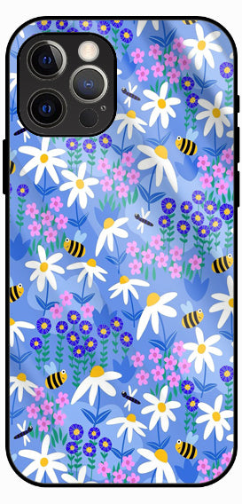 Floral Bee Garden Pattern, Blue Multicolour Design, Luxury Glass Back Phone Case