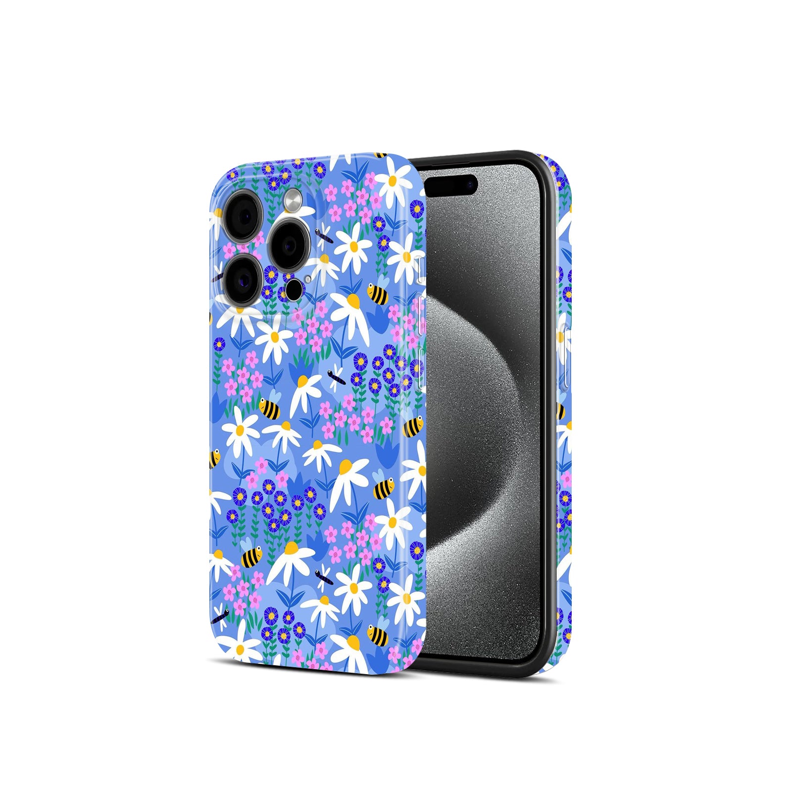 Floral Bee Pattern, Blue Daisy Garden Design, Hard Glossy Case - Stylish & Protective Cover