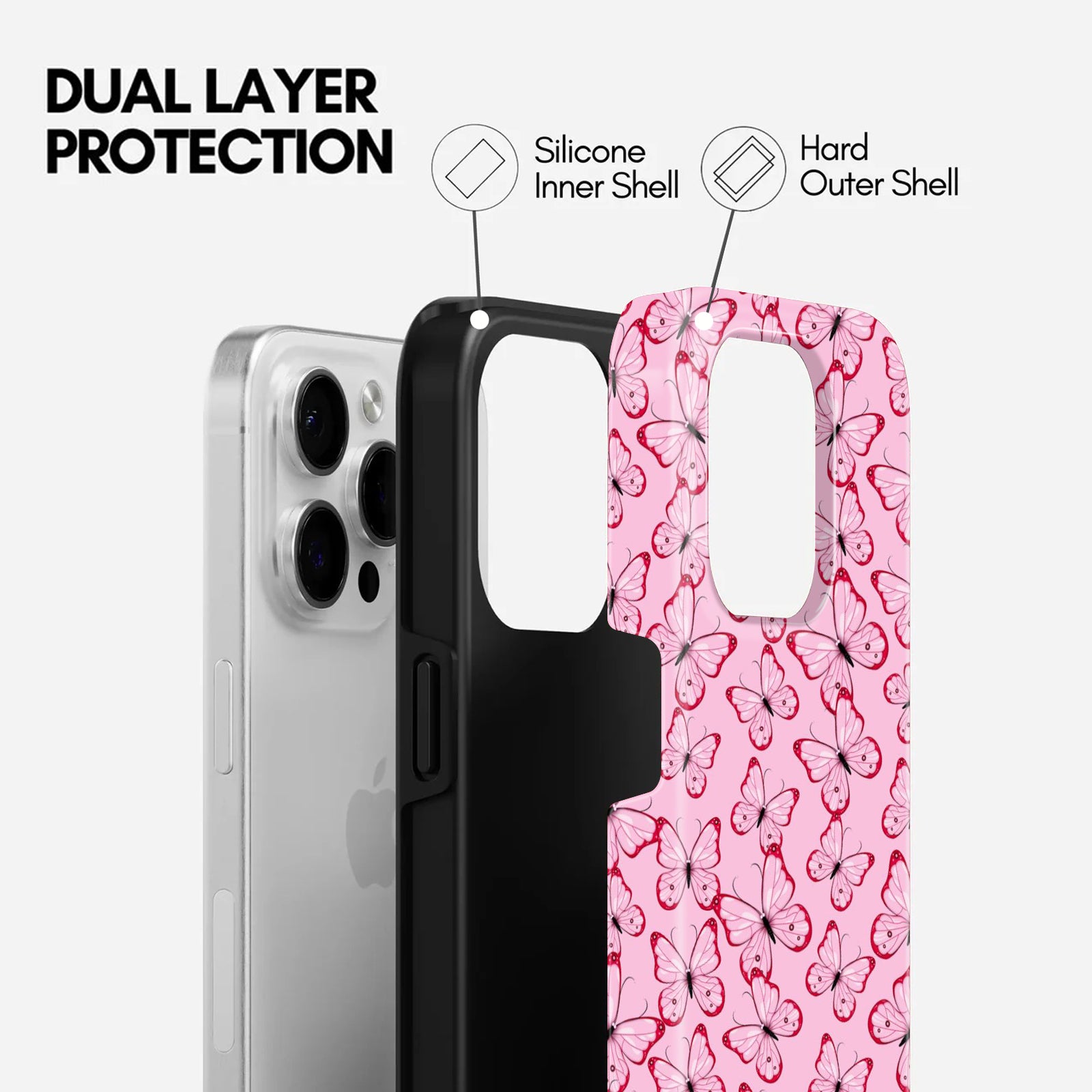 Pink Butterfly Pattern,2 in 1 Mobile Case, Dual Layer Protective Cover
