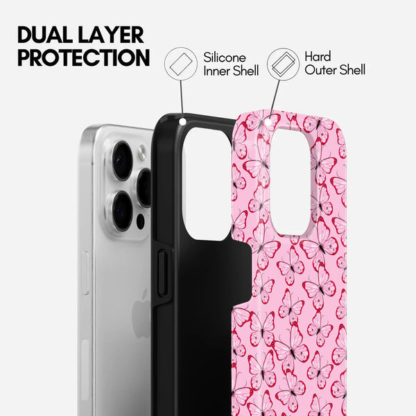 Pink Butterfly Pattern,2 in 1 Mobile Case, Dual Layer Protective Cover