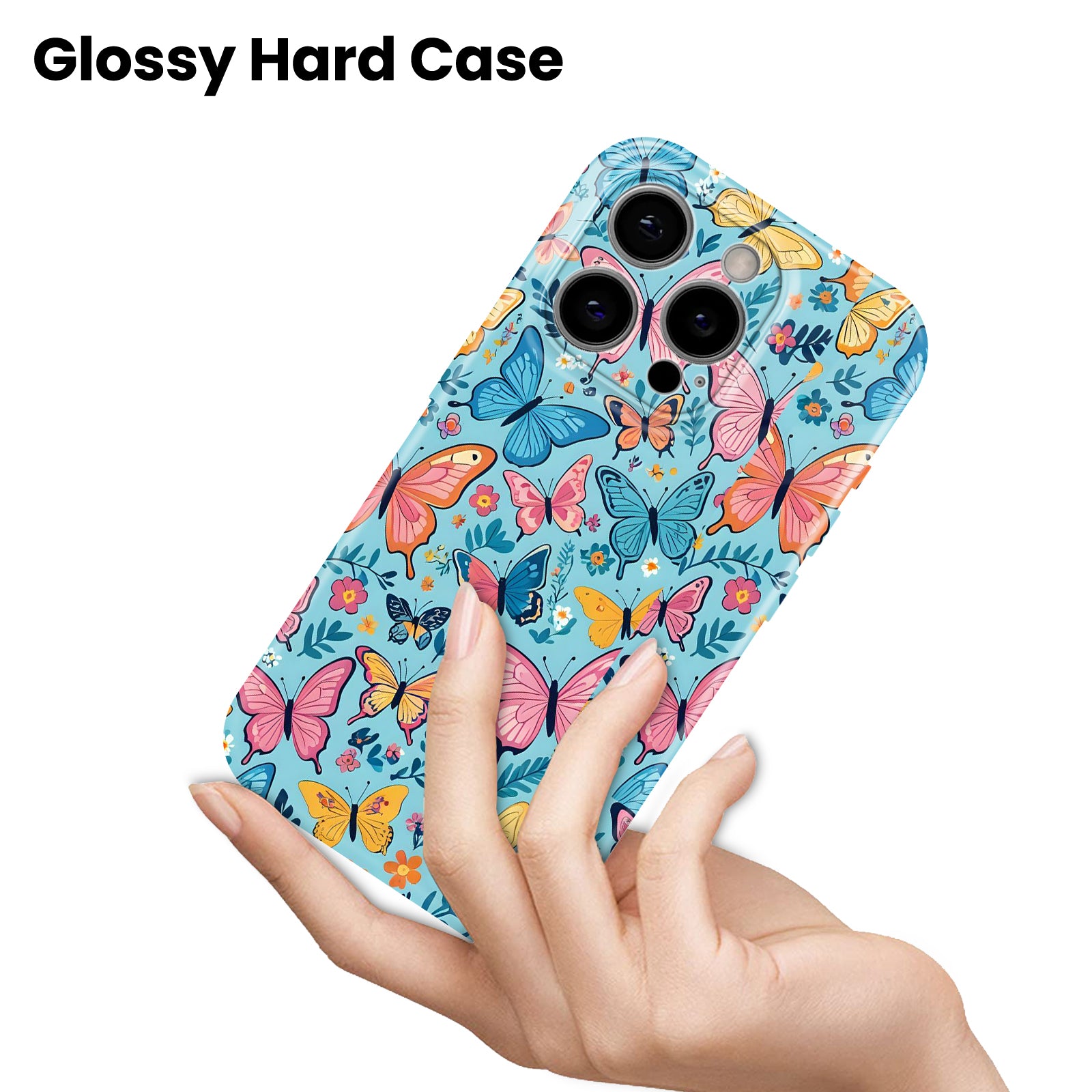 Colorful Butterfly Floral Pattern on Blue Background, Hard Glossy Case - Stylish & Protective Cover