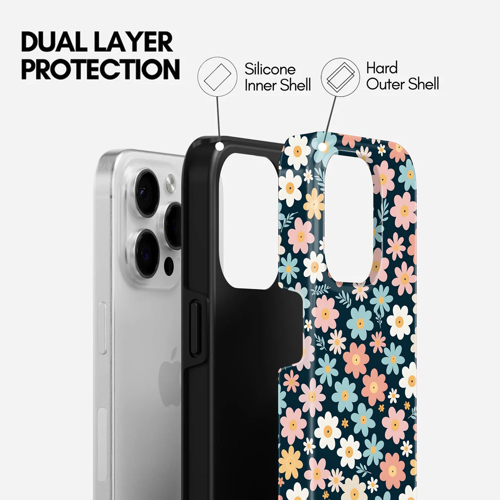 The Joyful Studio Floral Pattern, navy blue, 2 in 1 Mobile Case, Dual Layer Protective Cover