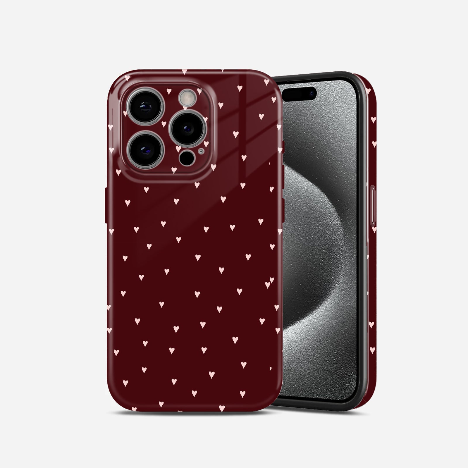 Burgundy with Pink Hearts Pattern, Glossy Finish, Cute Valentine Style, Hard Glossy Case - Stylish & Protective Cover