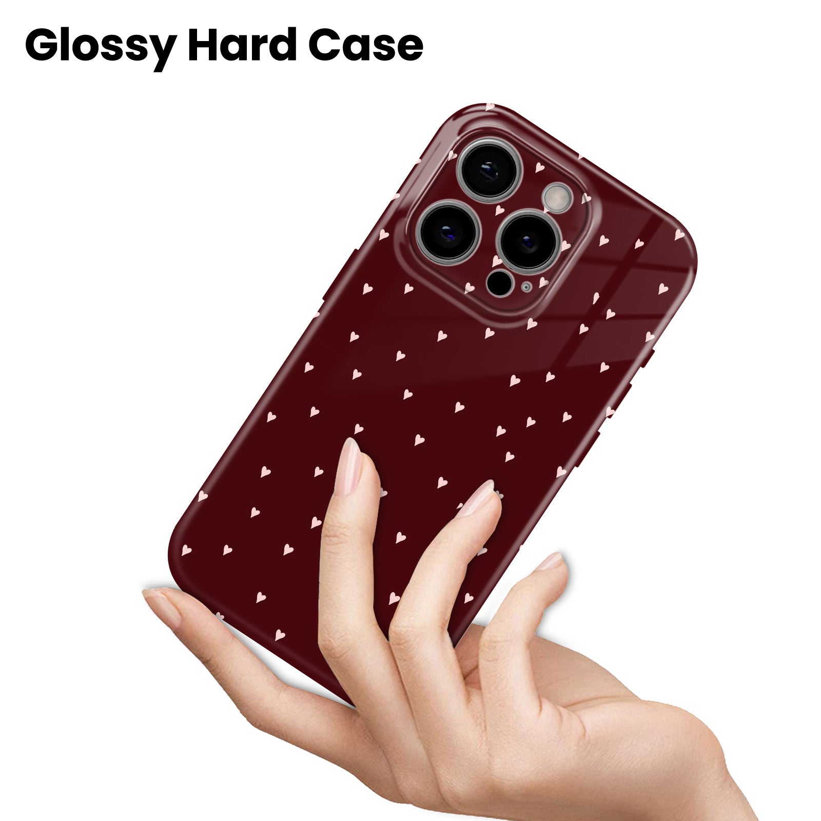 Burgundy with Pink Hearts Pattern, Glossy Finish, Cute Valentine Style, Hard Glossy Case - Stylish & Protective Cover