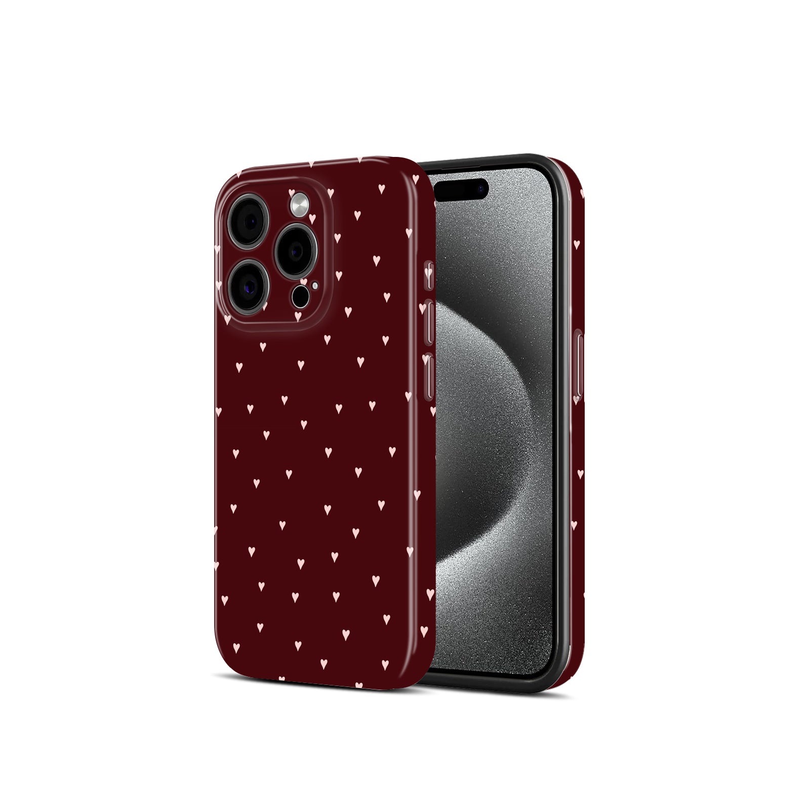 Burgundy with Pink Hearts Pattern, Glossy Finish, Cute Valentine Style, Hard Glossy Case - Stylish & Protective Cover