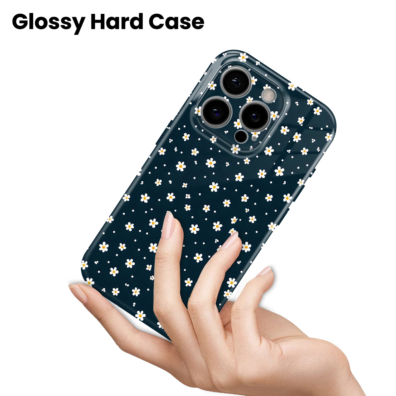 Navy Blue Daisy Floral Pattern, Cute Ditsy Flower Design, Hard Glossy Case - Stylish & Protective Cover