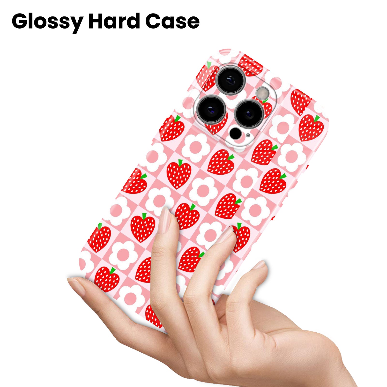 Strawberry and Daisy Checkered Pattern, Pink Cute Aesthetic, Hard Glossy Case - Stylish & Protective Cover