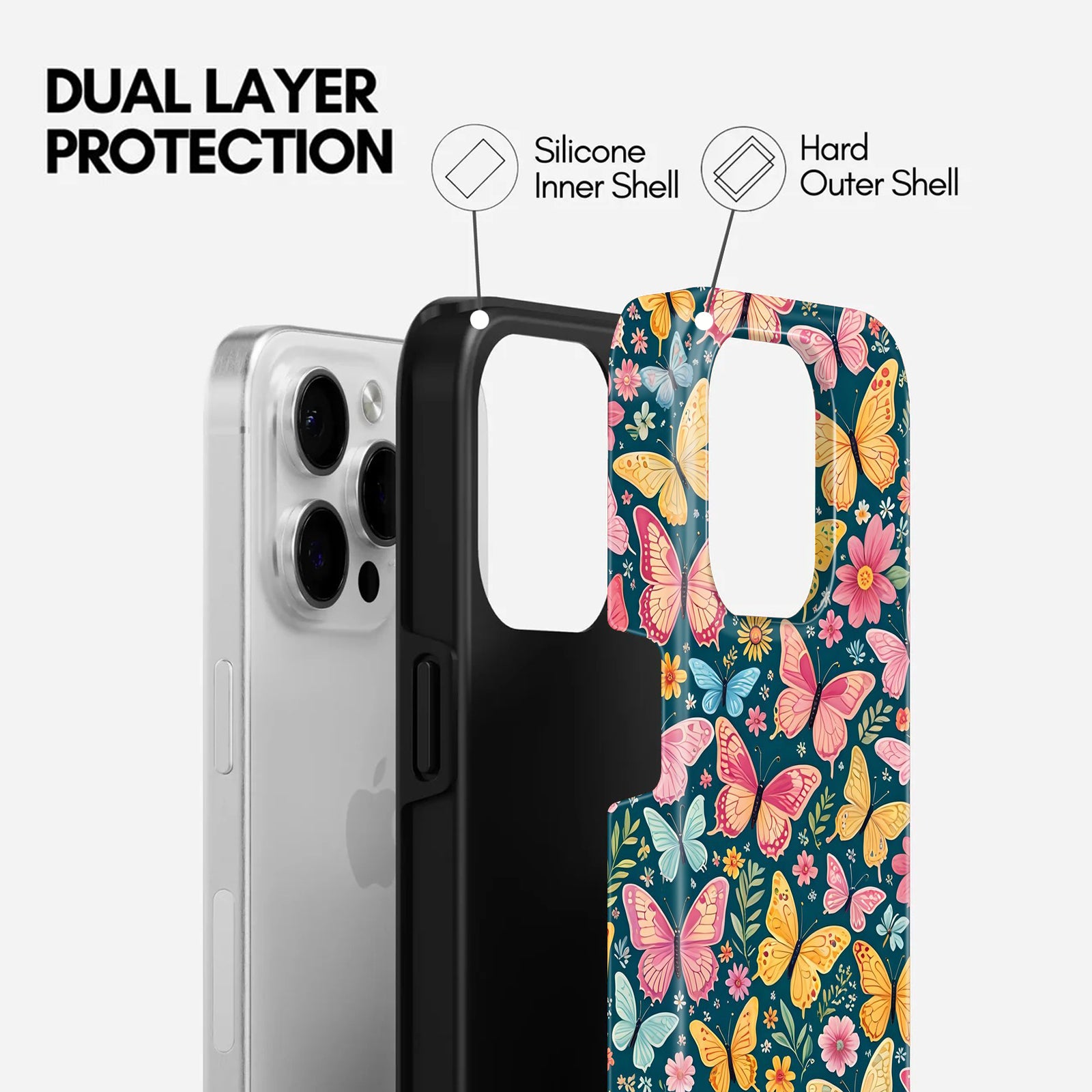 Colorful Butterfly and Floral Pattern, Pink, 2 in 1 Mobile Case, Dual Layer Protective Cover