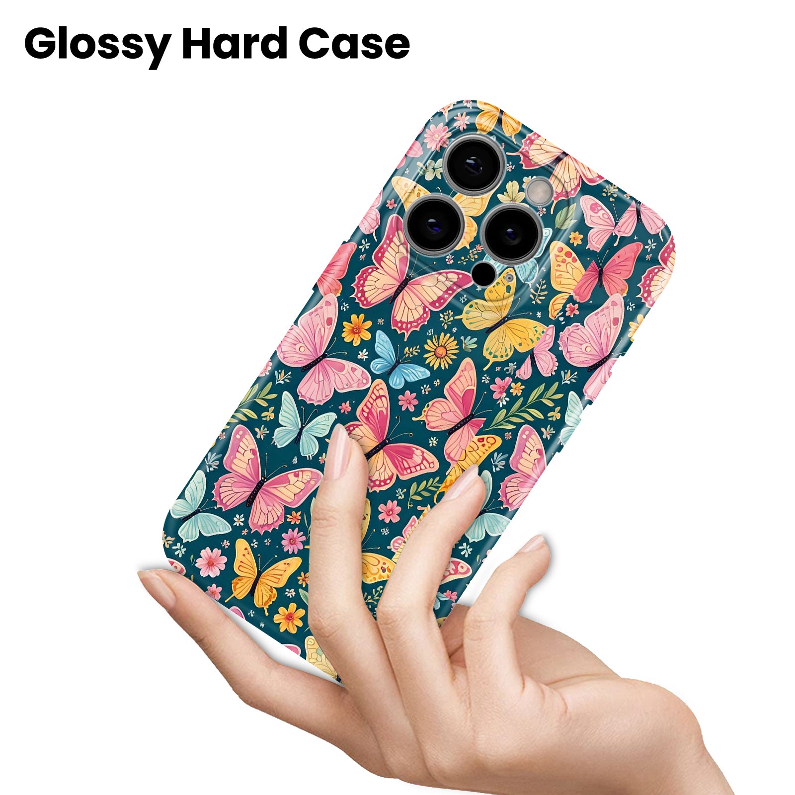 Colorful Butterfly and Floral Print on Teal Background, Hard Glossy Case - Stylish & Protective Cover