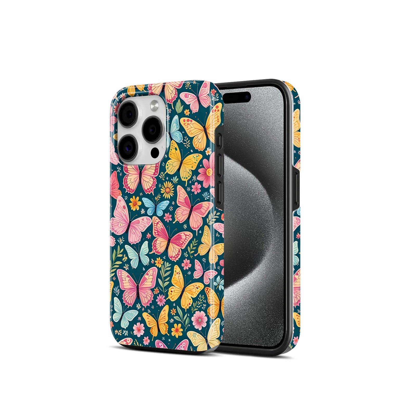 Colorful Butterfly and Floral Pattern, Pink, 2 in 1 Mobile Case, Dual Layer Protective Cover