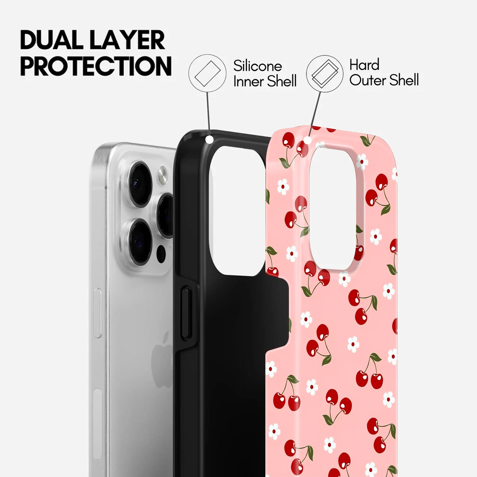 Cherry and Floral Print, Pink, 2 in 1 Mobile Case, Dual Layer Protective Cover
