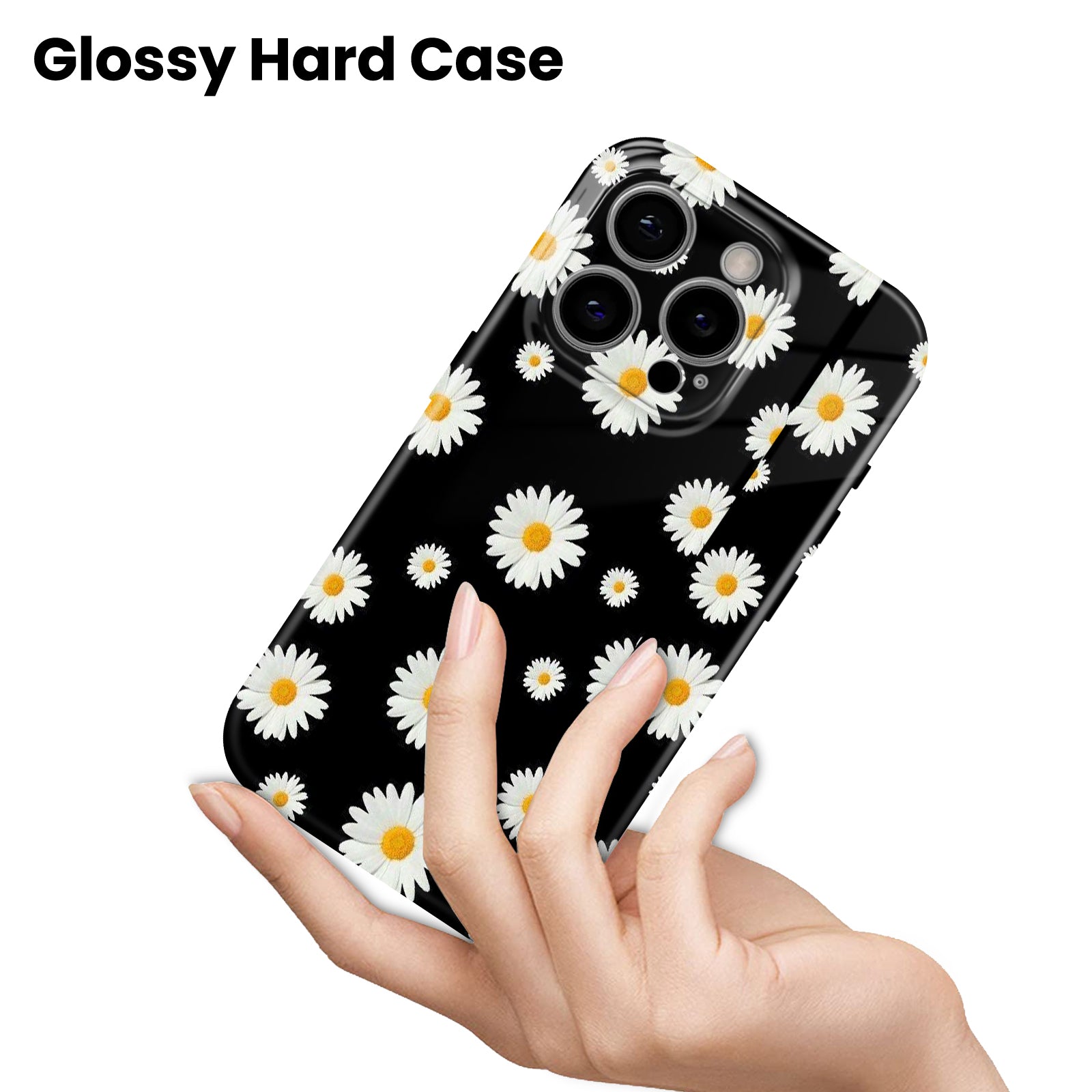 Black Daisy Floral Pattern, Glossy Finish, Cute Flower Design, Hard Glossy Case - Stylish & Protective Cover