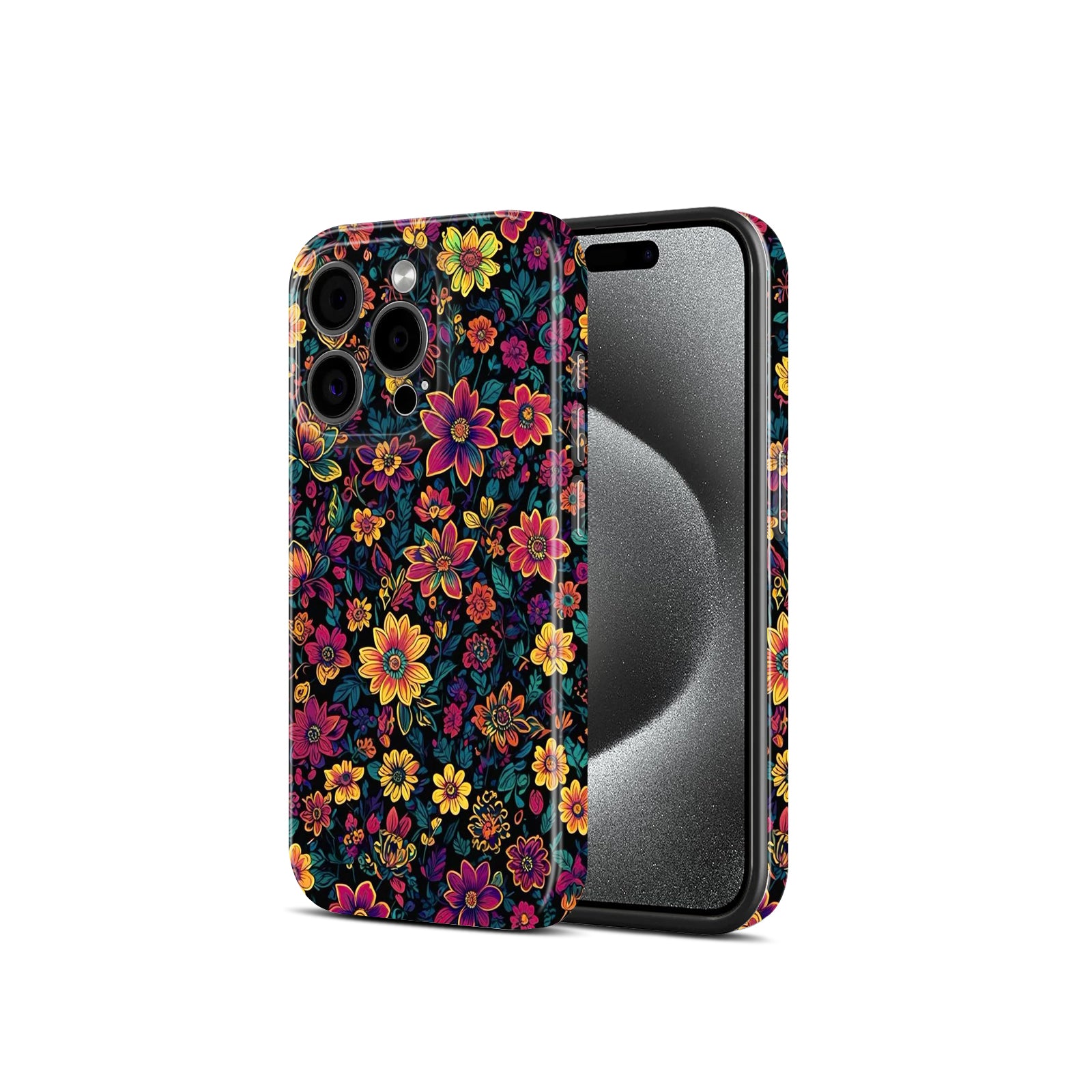 Vibrant Neon Botanical Print, Dark Background Design, Hard Glossy Case - Stylish & Protective Cover