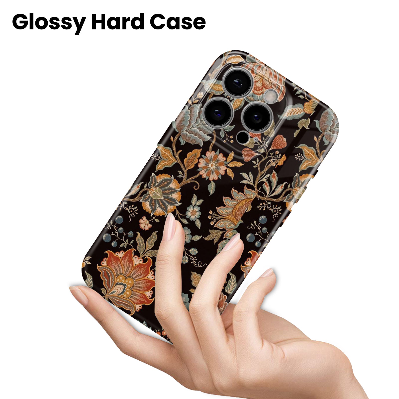 Vintage Floral Pattern, Black with Orange and Blue Flowers, Hard Glossy Case - Stylish & Protective Cover