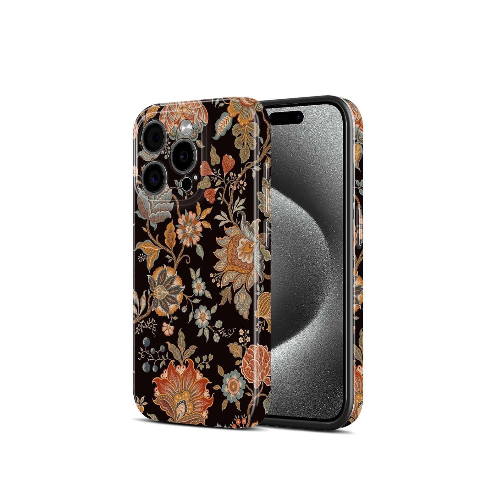 Vintage Floral Pattern, Black with Orange and Blue Flowers, Hard Glossy Case - Stylish & Protective Cover