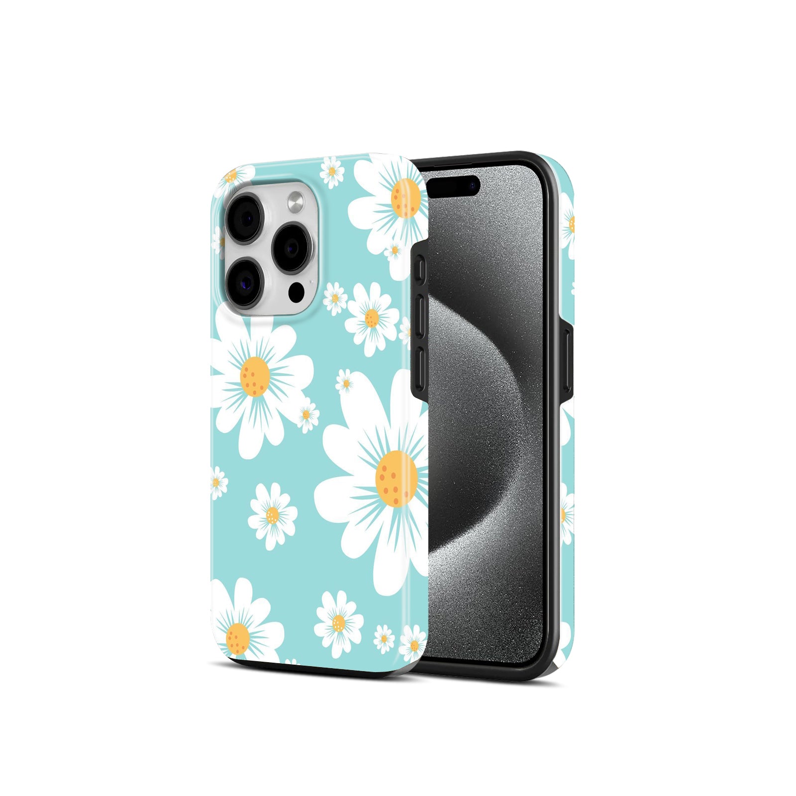 Teal Blue with White Flowers, 2 in 1 Mobile Case, Dual Layer Protective Cover