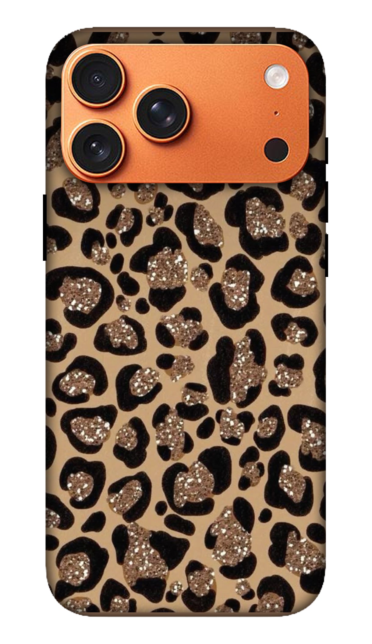 Phone case with leopard print and glitter accents on a white background