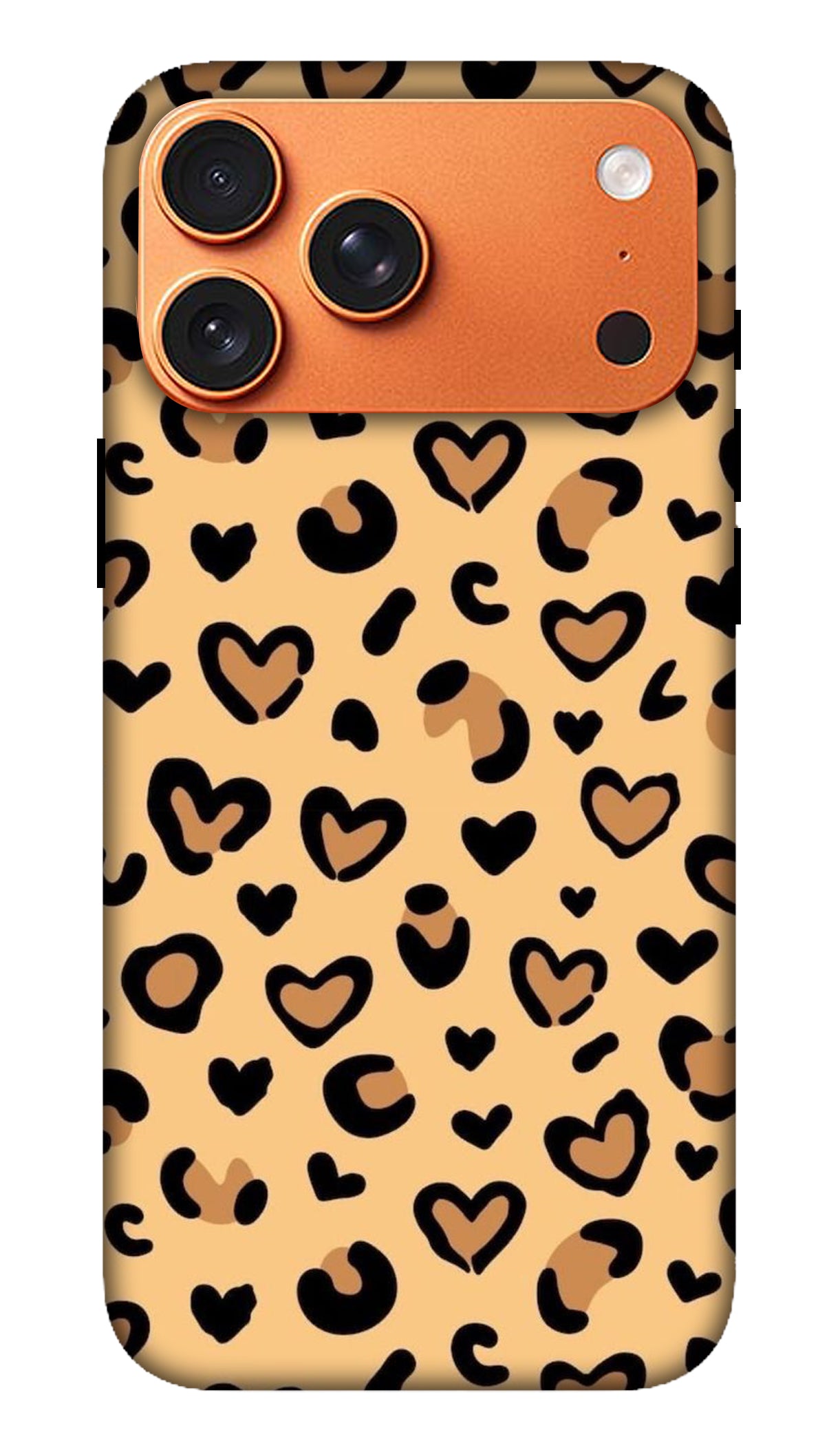 Phone case with leopard print pattern and orange accents on a white background