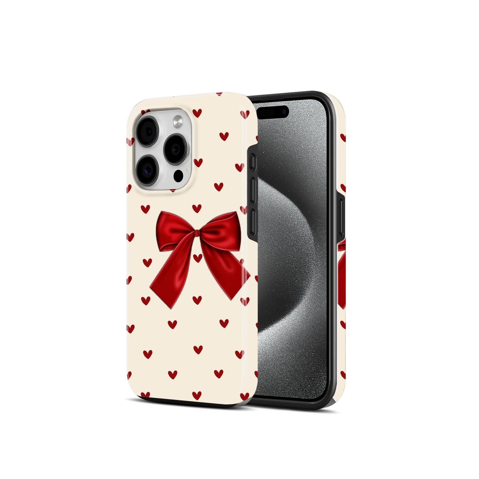 Red Bow and Heart Print, 2 in 1 Mobile Case, Dual Layer Protective Cover