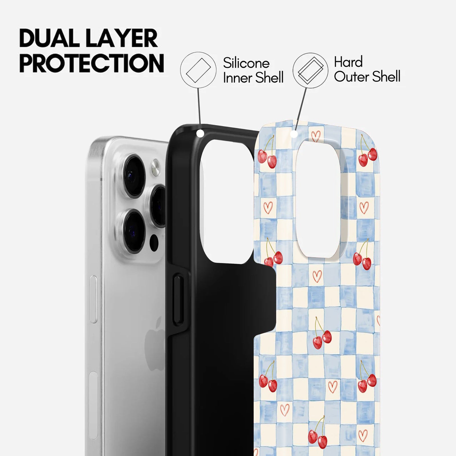 Blue Checkered Cherry and Hearts Print, 2 in 1 Mobile Case, Dual Layer Protective Cover