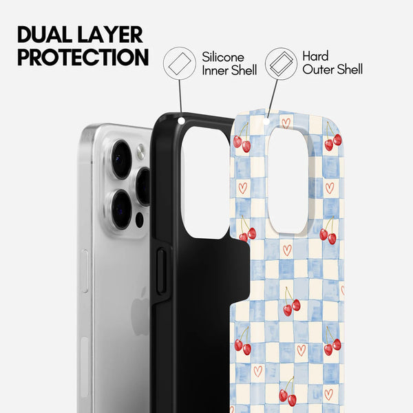 Blue Checkered Cherry and Hearts Print, 2 in 1 Mobile Case, Dual Layer Protective Cover