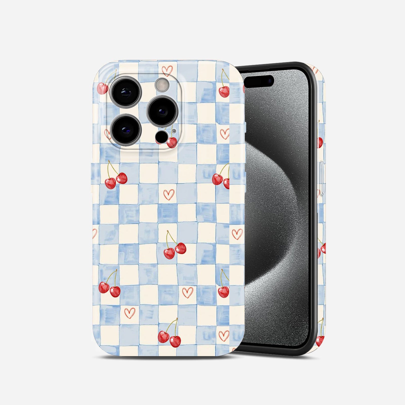 Blue Checkered Cherry and Heart Print, Hard Glossy Case - Stylish & Protective Cover