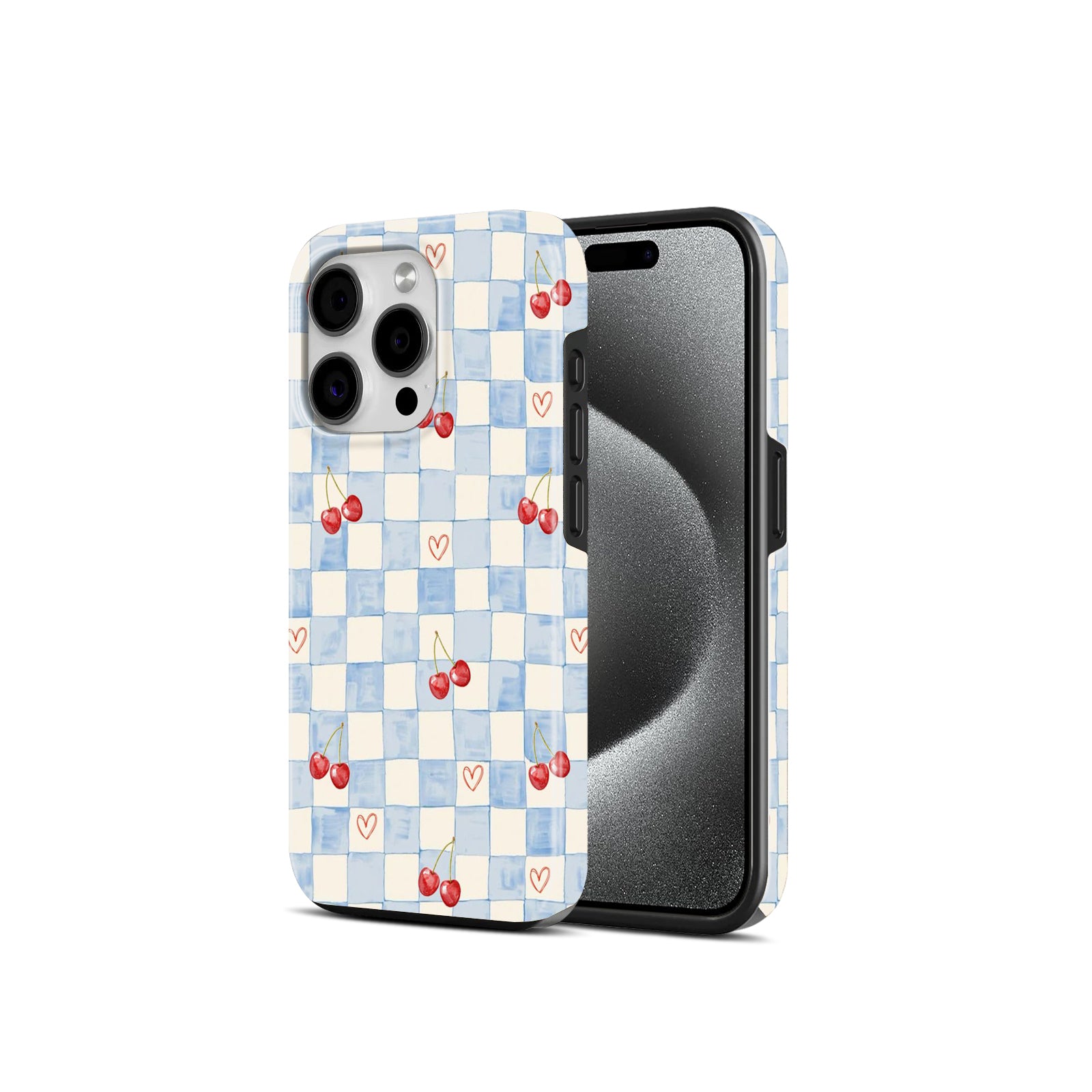 Blue Checkered Cherry and Hearts Print, 2 in 1 Mobile Case, Dual Layer Protective Cover
