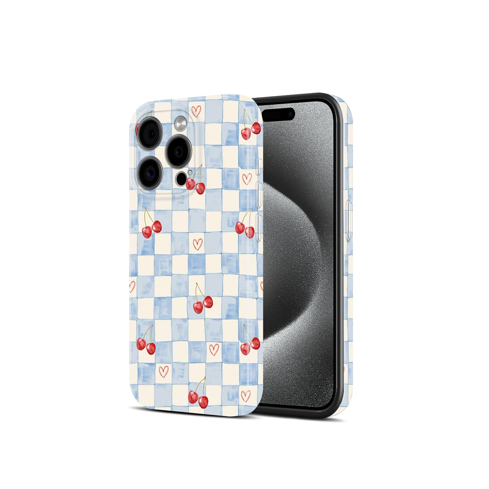 Blue Checkered Cherry and Heart Print, Hard Glossy Case - Stylish & Protective Cover