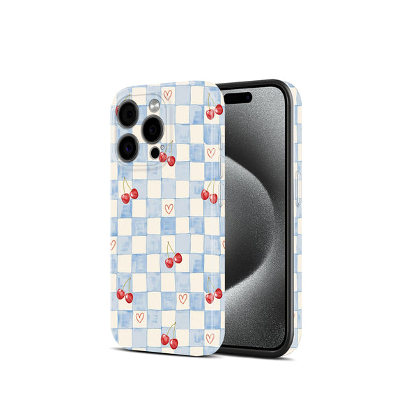 Blue Checkered Cherry and Heart Print, Hard Glossy Case - Stylish & Protective Cover