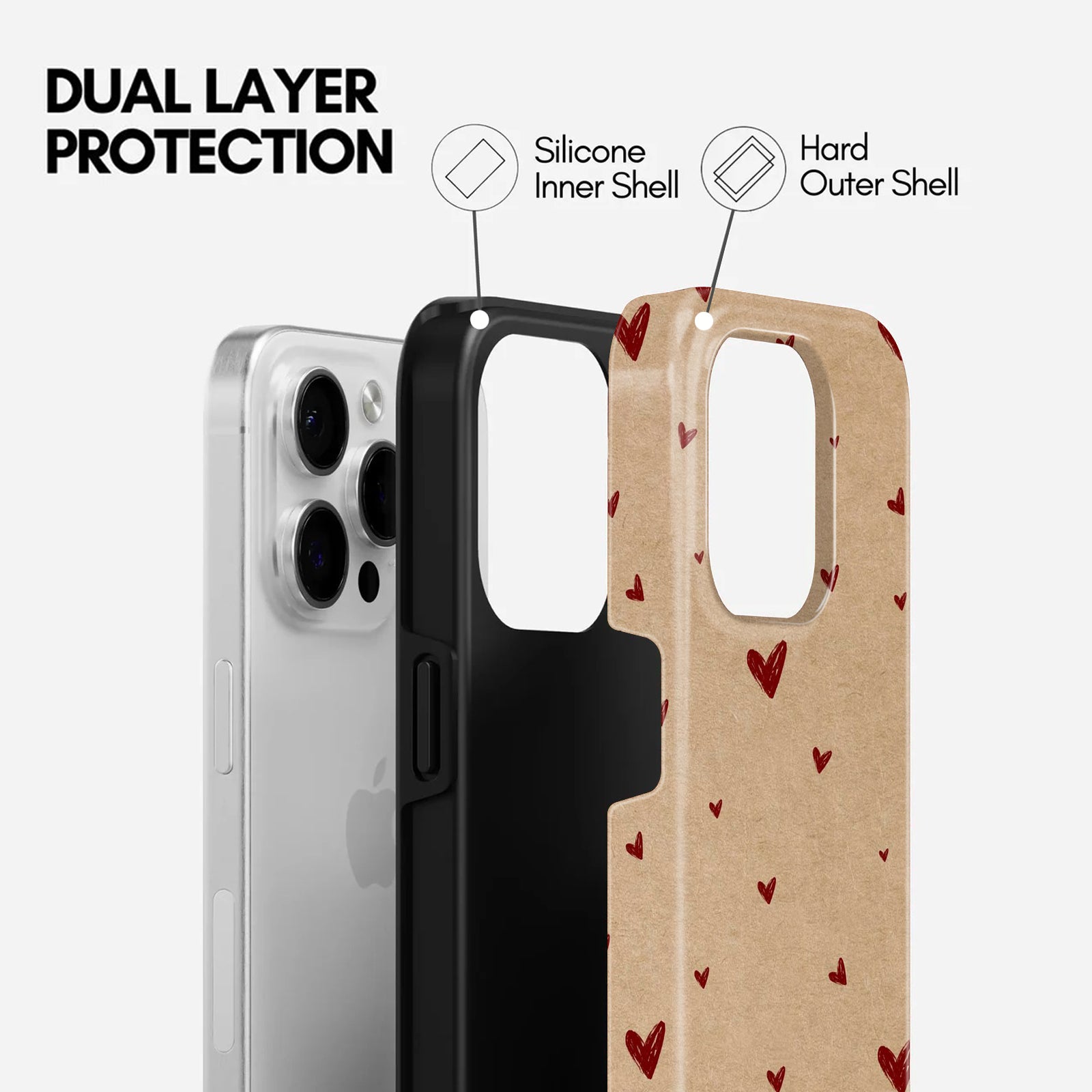 Kraft Paper Brown with Red Hearts Print, 2 in 1 Mobile Case, Dual Layer Protective Cover