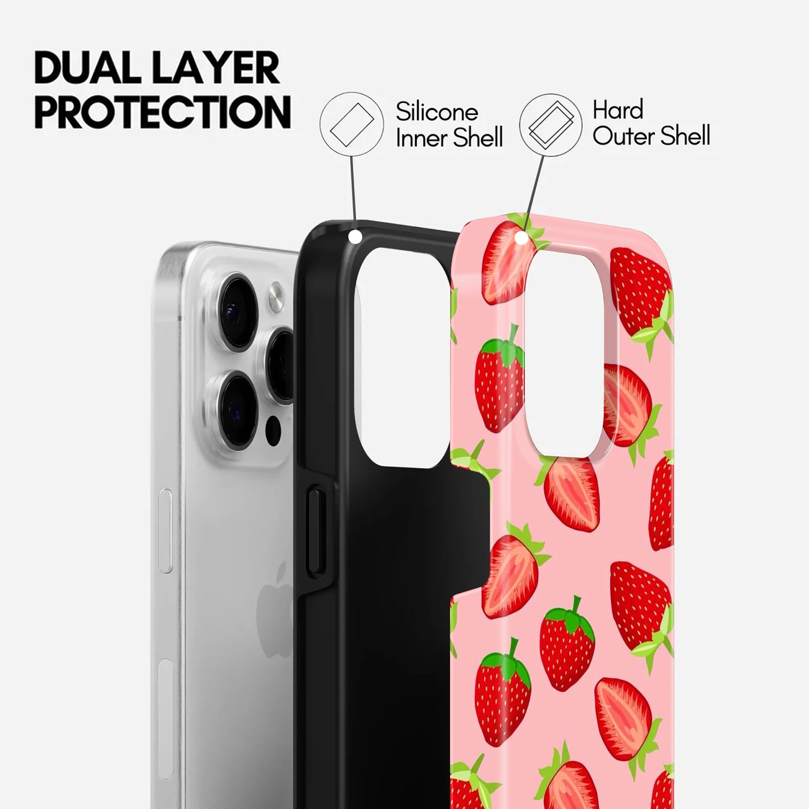 Strawberry Print Pink, 2 in 1 Mobile Case, Dual Layer Protective Cover