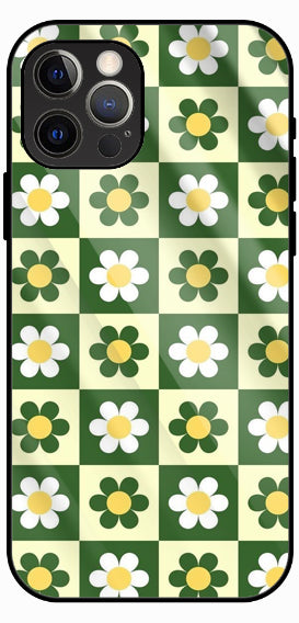 Floral Checkered Pattern, Green and White Daisy Design, Luxury Glass Back Phone Case