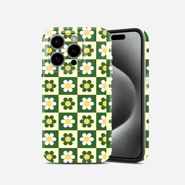 Daisy Checkered Floral Pattern, Green and Yellow Design, Hard Glossy Case - Stylish & Protective Cover