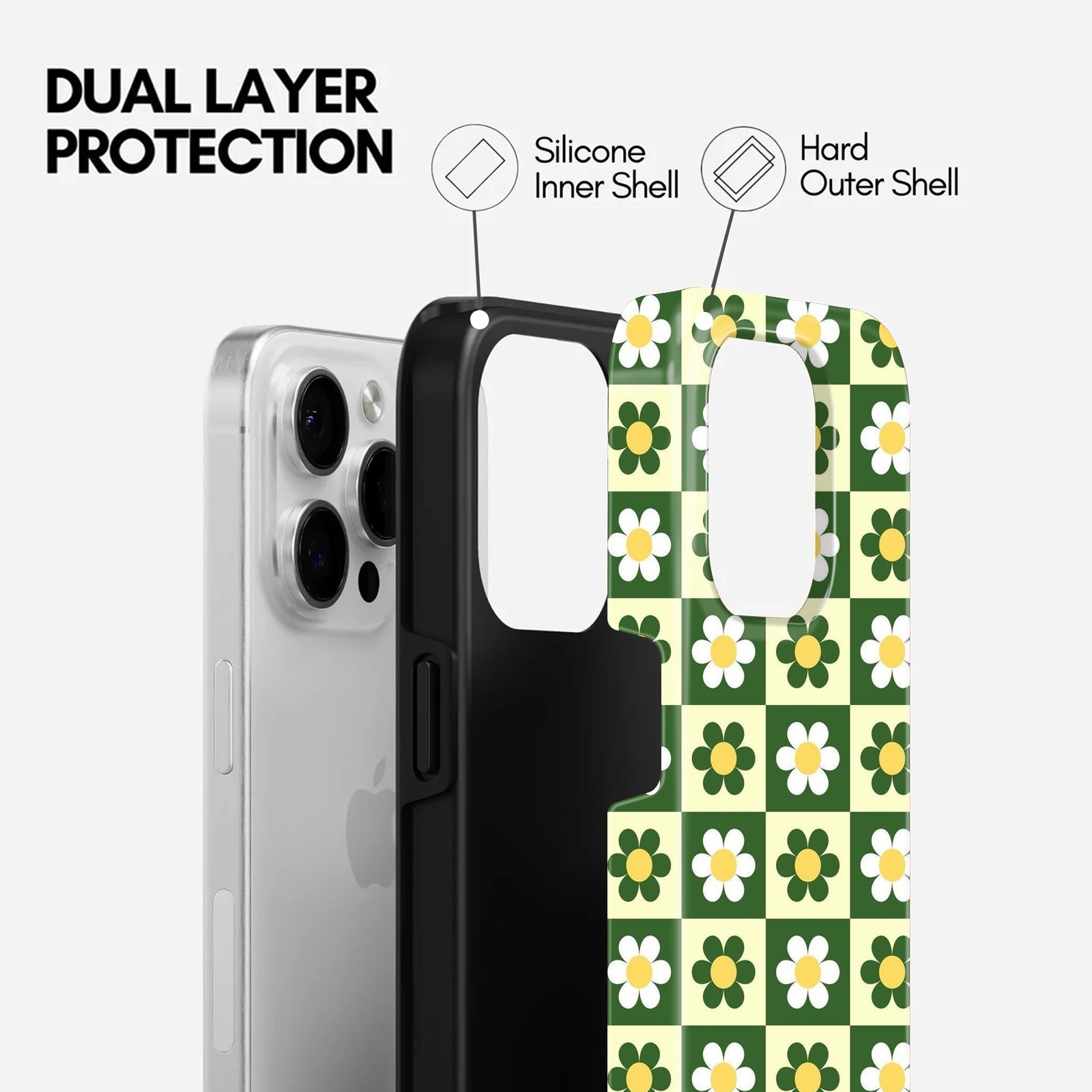Daisy Floral Checkered Pattern, 2 in 1 Mobile Case, Dual Layer Protective Cover