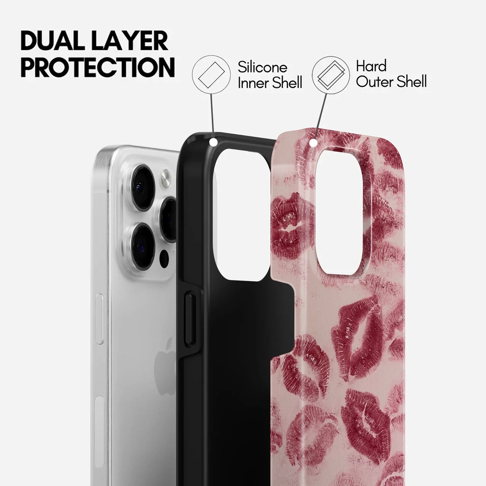 Lipstick Kiss Print, Pink and Red, 2 in 1 Mobile Case, Dual Layer Protective Cover