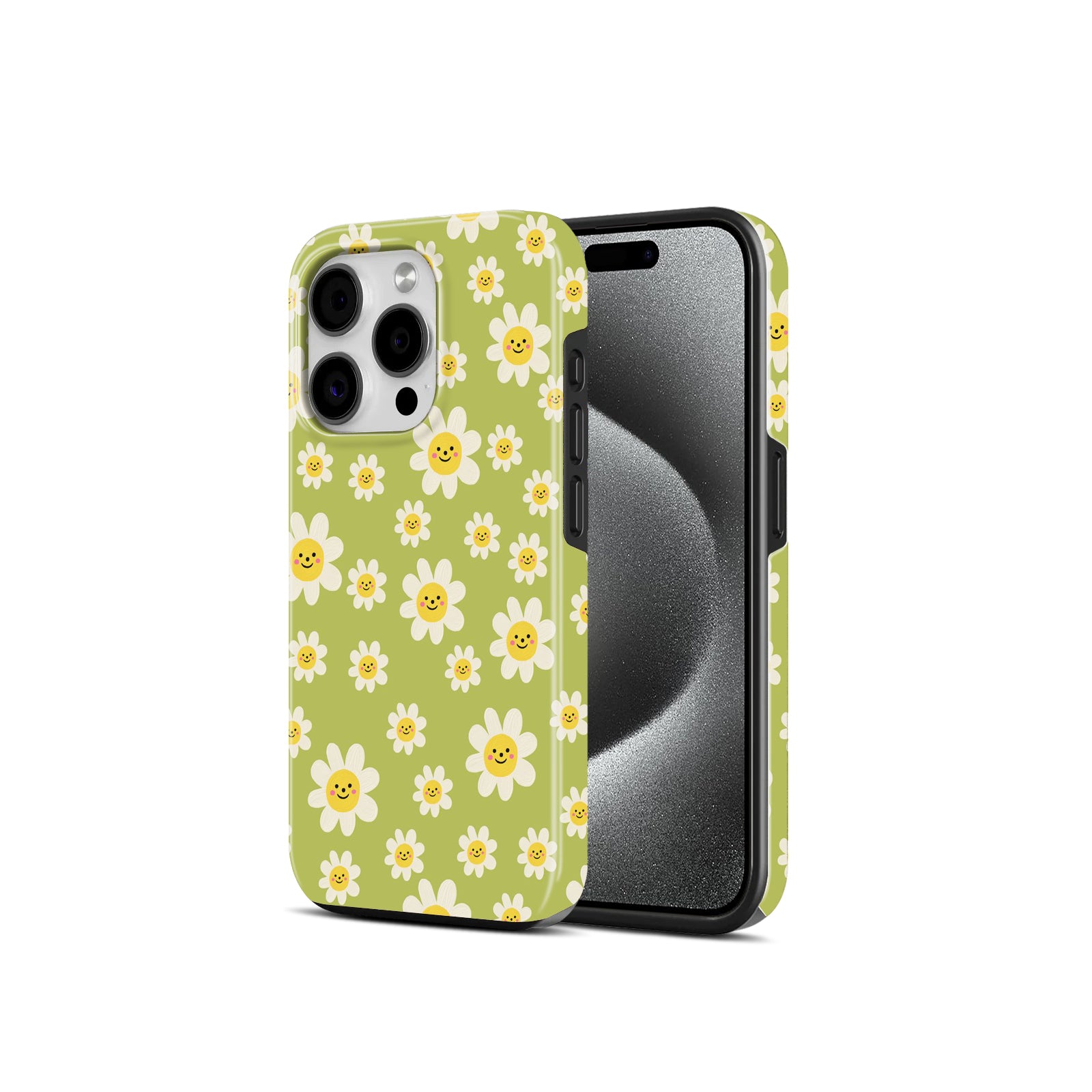 Smiley Daisy Floral Print, Green and White, 2 in 1 Mobile Case, Dual Layer Protective Cover